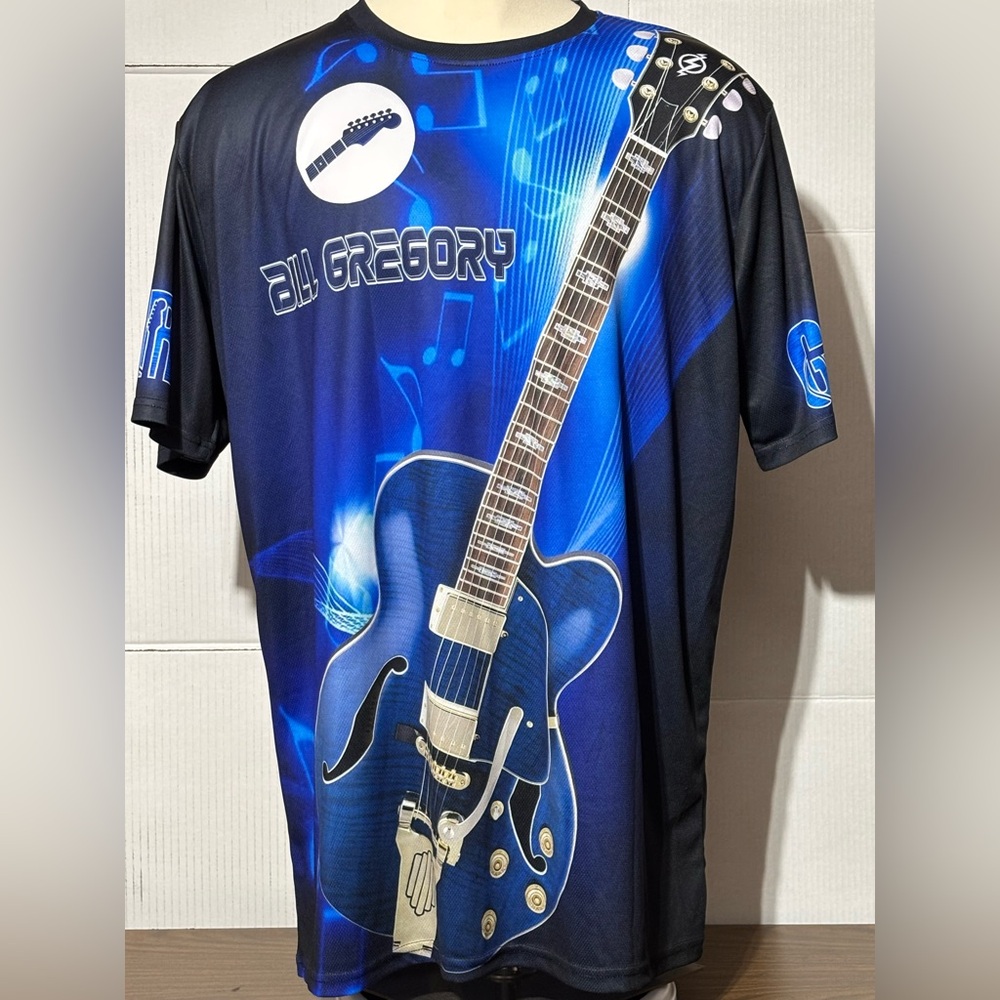 Bill Gregory Men's 2XL Blue Graphic BASS guitar Shirt 32” L 23” p2p